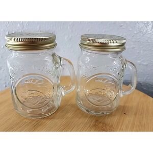 Golden Harvest Glass Mini Mason Jar Mug Salt Pepper Shakers Gold Metal Lid Pair